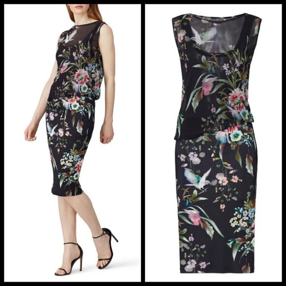 💕FUZZI💕 Navy Floral Sheath Dress 100% Viscose Crepe Large - Picture 2 of 16